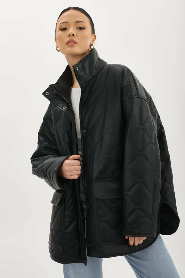 Verina Faux Leather Quilted Coat Black Women Lamarque LEATHER JACKETS