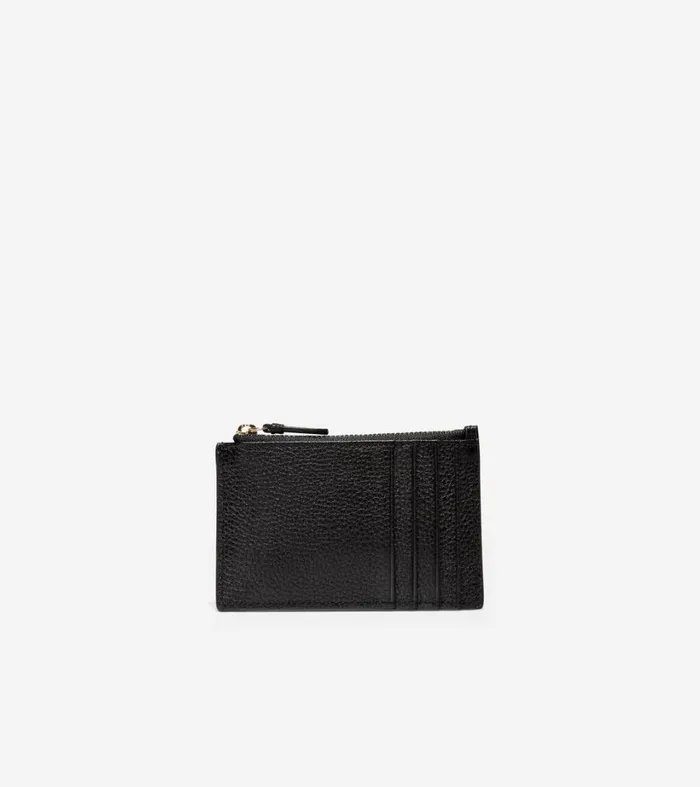 Wallets and Card Cases Women Cole Haan GRANDSERIES Card Case With Zip Black Pebbled Leather