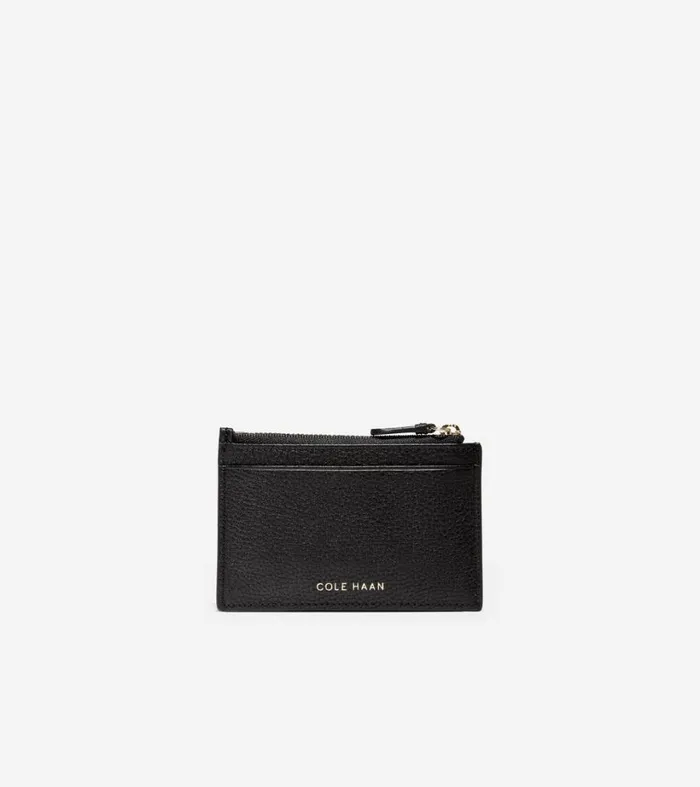 Wallets and Card Cases Women Cole Haan GRANDSERIES Card Case With Zip Black Pebbled Leather