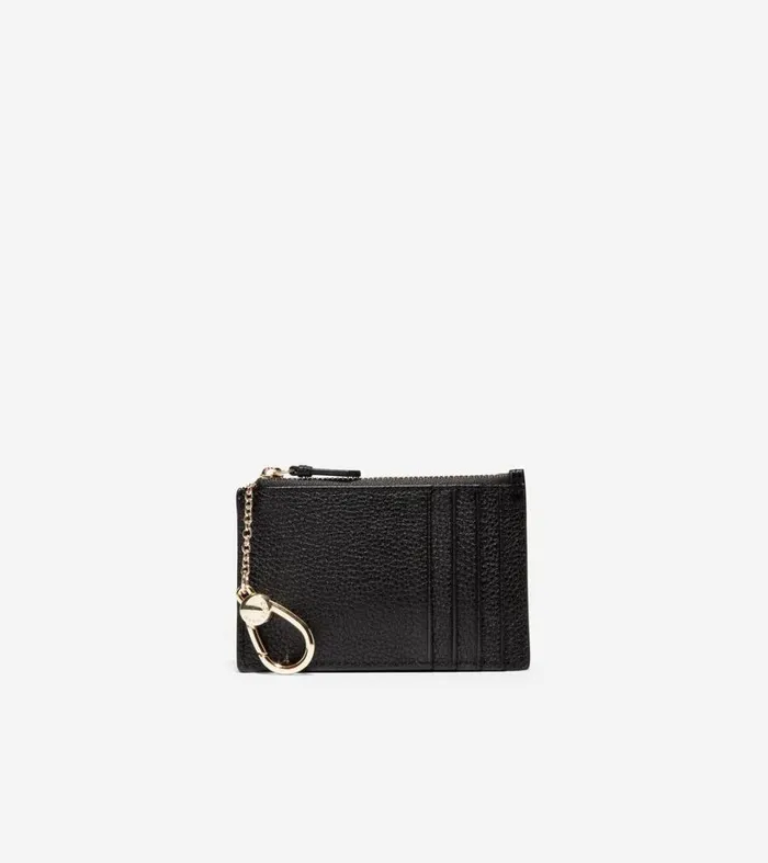 Wallets and Card Cases Women Cole Haan GRANDSERIES Card Case With Zip Black Pebbled Leather