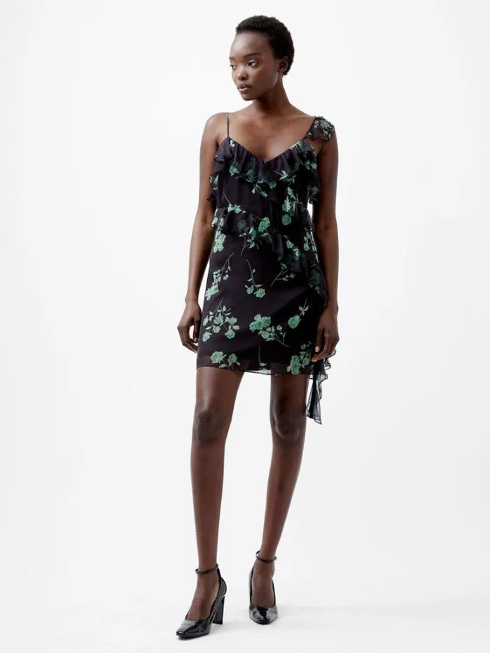 Woman French Connection Dresses Alessandra Recycled Crinkle Ruffle Mini Dress Blackoutminted Grn