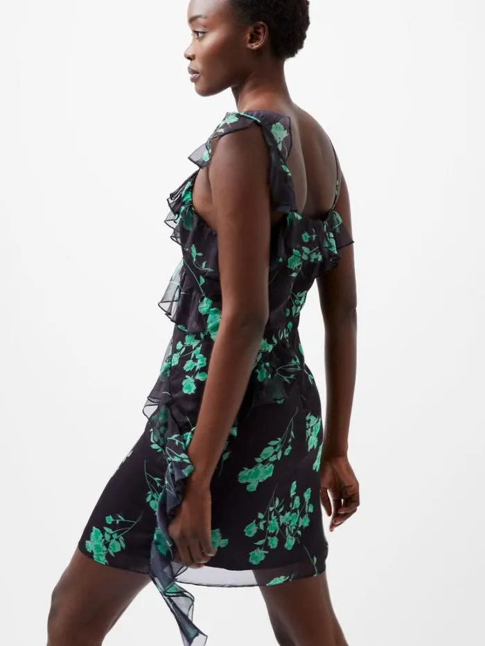 Woman French Connection Dresses Alessandra Recycled Crinkle Ruffle Mini Dress Blackoutminted Grn