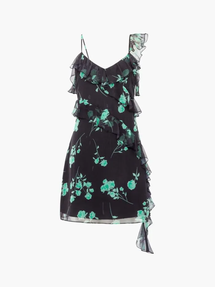 Woman French Connection Dresses Alessandra Recycled Crinkle Ruffle Mini Dress Blackoutminted Grn