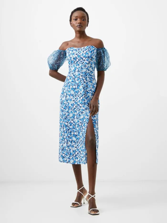 Woman French Connection Dresses Clara Textured Puff Sleeve Midi Dress Midnight Blue Multi