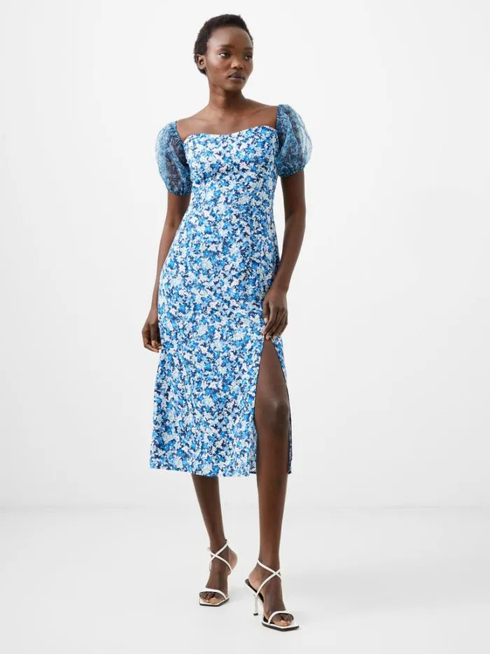 Woman French Connection Dresses Clara Textured Puff Sleeve Midi Dress Midnight Blue Multi
