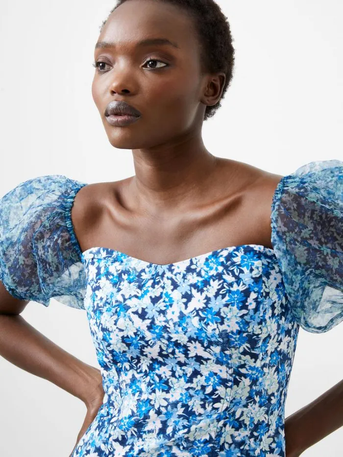 Woman French Connection Dresses Clara Textured Puff Sleeve Midi Dress Midnight Blue Multi