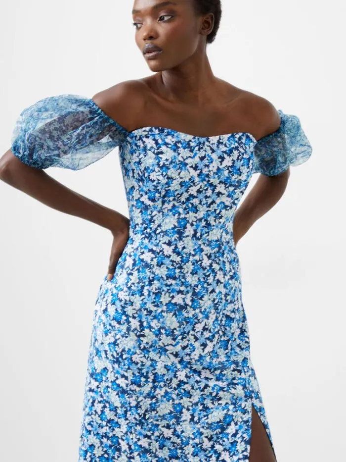 Woman French Connection Dresses Clara Textured Puff Sleeve Midi Dress Midnight Blue Multi
