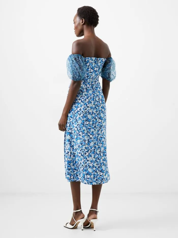 Woman French Connection Dresses Clara Textured Puff Sleeve Midi Dress Midnight Blue Multi