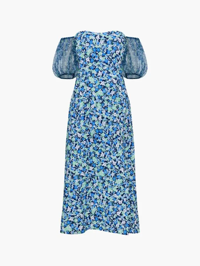 Woman French Connection Dresses Clara Textured Puff Sleeve Midi Dress Midnight Blue Multi