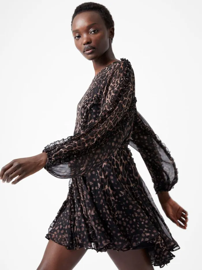 Woman French Connection Dresses Emina Chiffon Leopard Print Long Sleeve Mini Dress Leopard