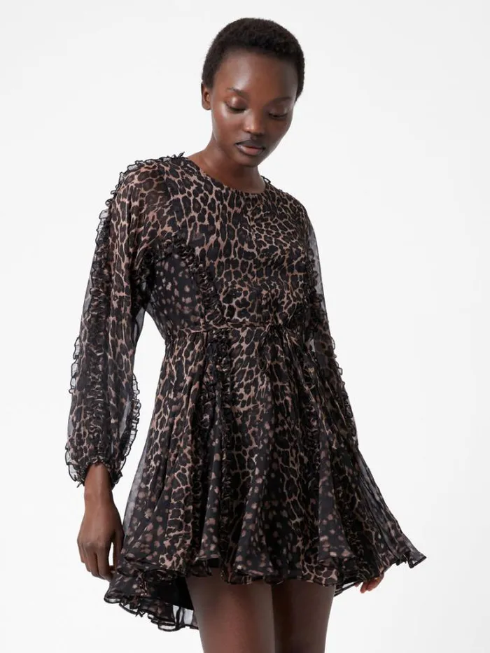 Woman French Connection Dresses Emina Chiffon Leopard Print Long Sleeve Mini Dress Leopard