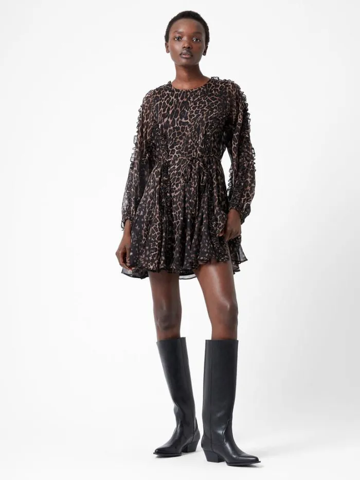 Woman French Connection Dresses Emina Chiffon Leopard Print Long Sleeve Mini Dress Leopard