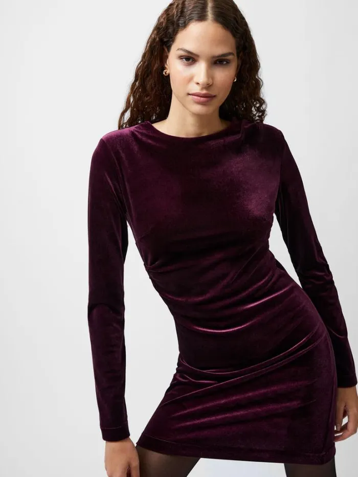 Woman French Connection Dresses Viola Velvet Long Sleeve Bodycon Mini Dress Burgundy Red