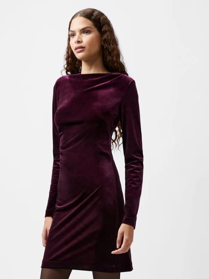 Woman French Connection Dresses Viola Velvet Long Sleeve Bodycon Mini Dress Burgundy Red