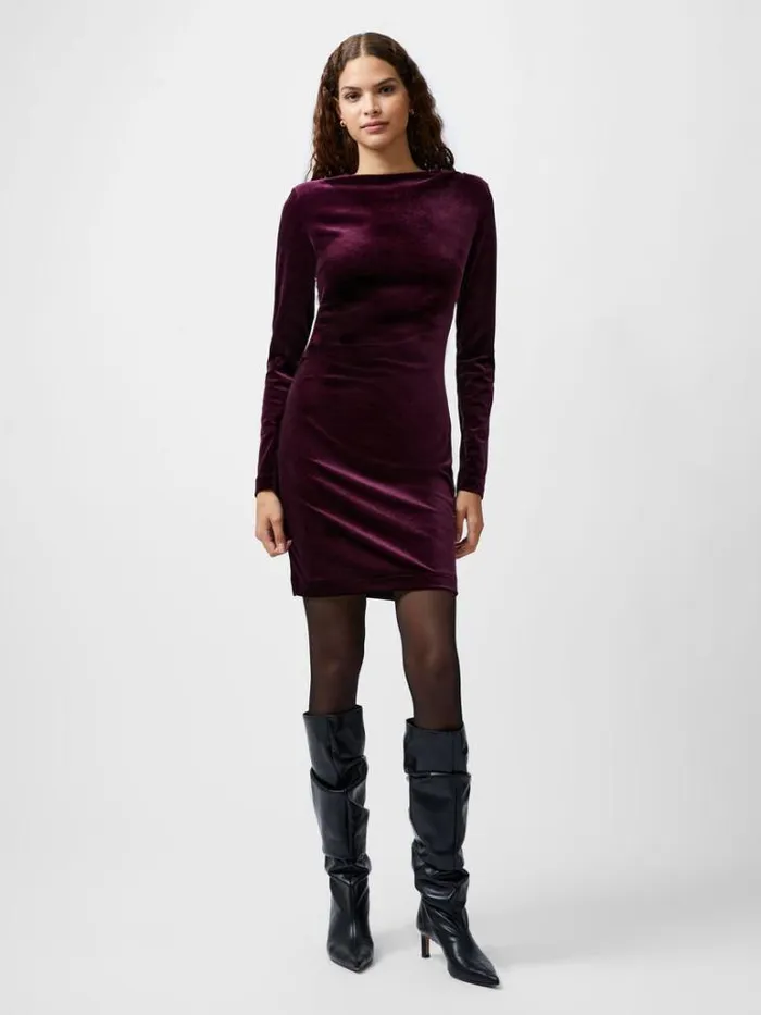 Woman French Connection Dresses Viola Velvet Long Sleeve Bodycon Mini Dress Burgundy Red