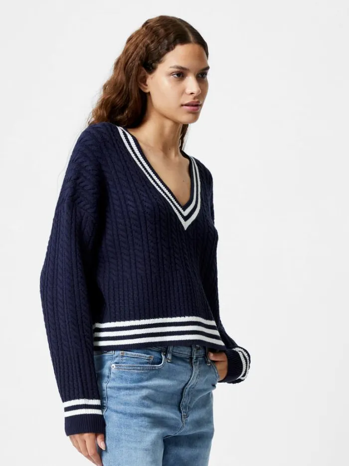 Woman French Connection Jumpers and Cardigans Babysoft Cable VNeck Jumper Duch Bluewnt Wht