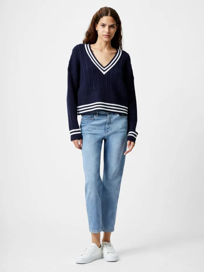 Woman French Connection Jumpers and Cardigans Babysoft Cable VNeck Jumper Duch Bluewnt Wht