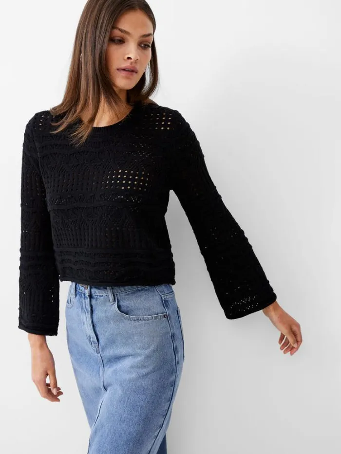 Woman French Connection Jumpers and Cardigans Crochet Bobble Knit Crop Jumper Black