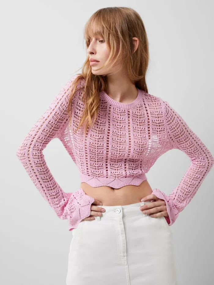 Woman French Connection Jumpers and Cardigans Nolan Open Back Crochet Jumper Strawberry Shake