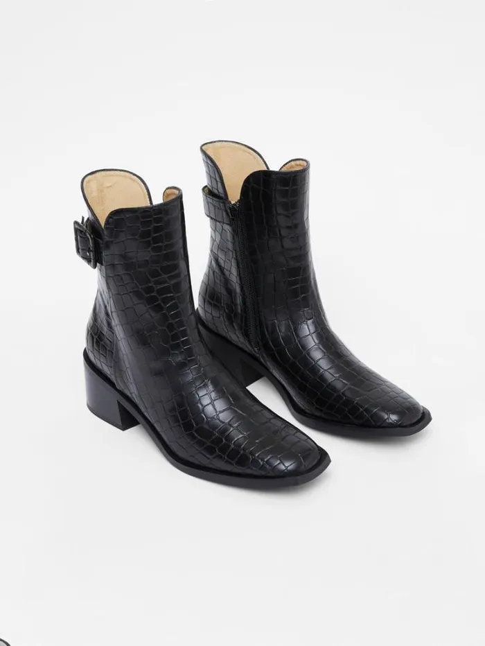Woman French Connection Shoes Connic Croc Ankle Boots Black Croc