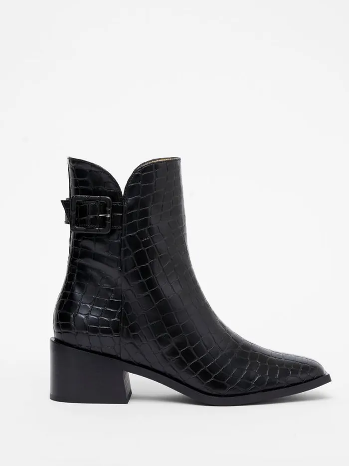 Woman French Connection Shoes Connic Croc Ankle Boots Black Croc