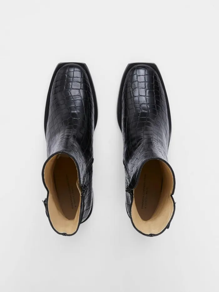 Woman French Connection Shoes Connic Croc Ankle Boots Black Croc
