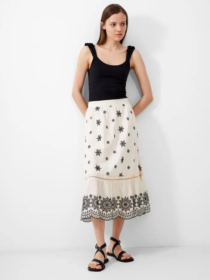 Woman French Connection Skirts and Shorts Embroidered Felicity Midi Skirt Classic Creamblack