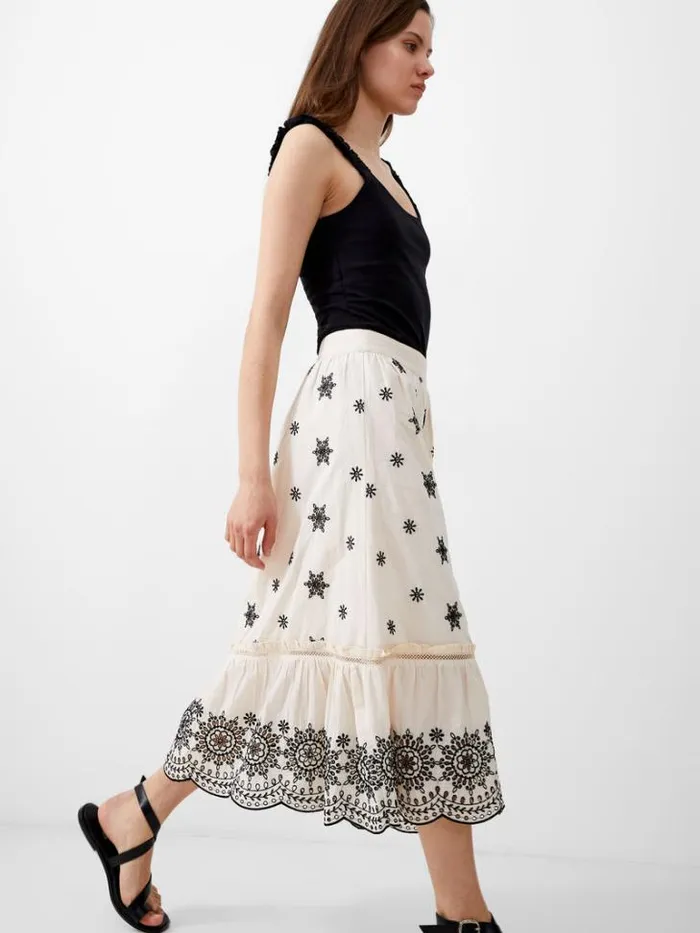 Woman French Connection Skirts and Shorts Embroidered Felicity Midi Skirt Classic Creamblack