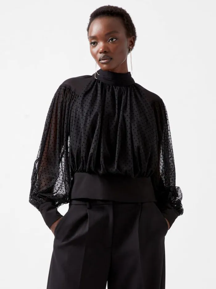 Woman French Connection Tops Alice Dobby Chiffon Mix Long Sleeve Top Blackout
