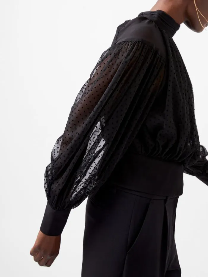 Woman French Connection Tops Alice Dobby Chiffon Mix Long Sleeve Top Blackout