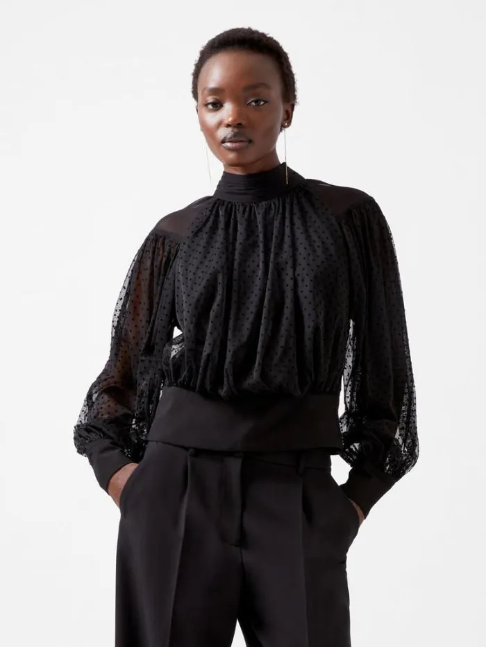 Woman French Connection Tops Alice Dobby Chiffon Mix Long Sleeve Top Blackout