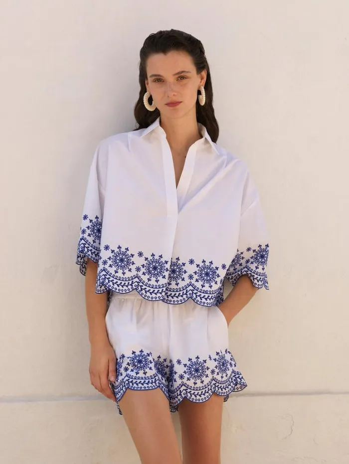 Woman French Connection Tops Alissa Cotton Embroidered Popover Shirt Linen White