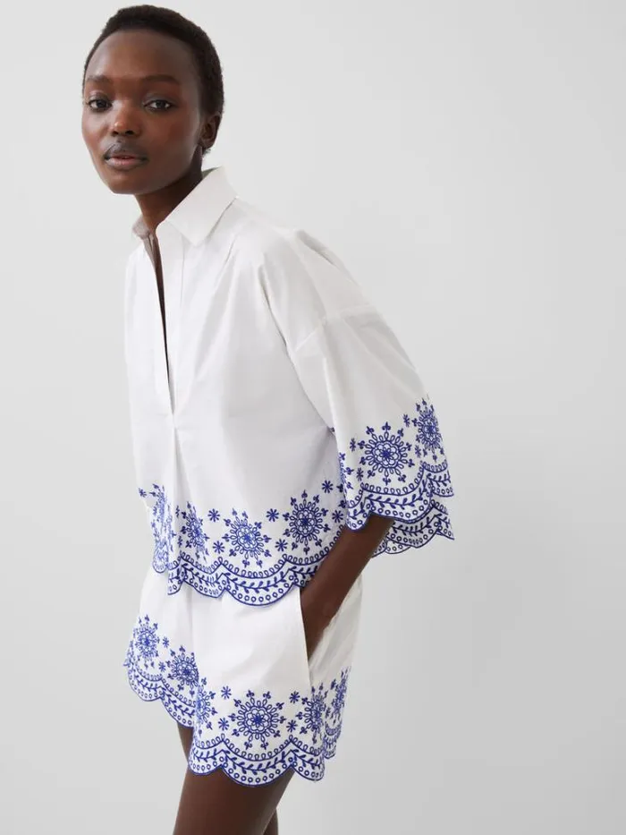 Woman French Connection Tops Alissa Cotton Embroidered Popover Shirt Linen White