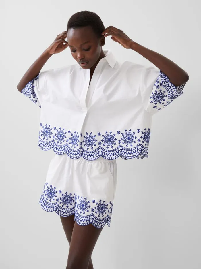 Woman French Connection Tops Alissa Cotton Embroidered Popover Shirt Linen White