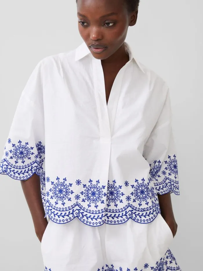 Woman French Connection Tops Alissa Cotton Embroidered Popover Shirt Linen White