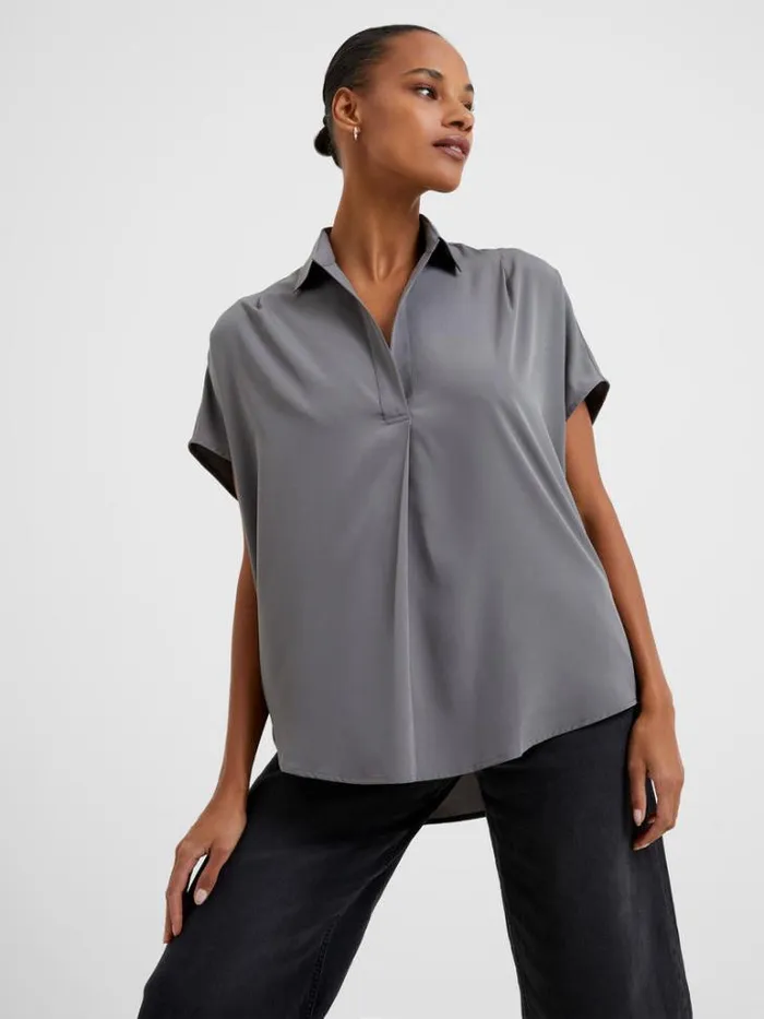 Woman French Connection Tops Crepe Light Recycled Popover Shirt Warm Graphite