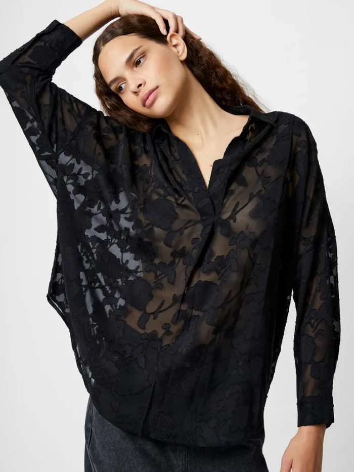 Woman French Connection Tops Devore Satin Popover Shirt Black