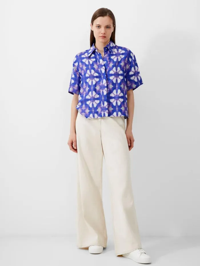 Woman French Connection Tops Dory Birdie Linen Short Sleeve Shirt Royal Blue