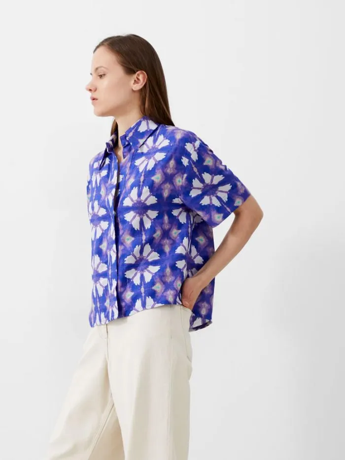 Woman French Connection Tops Dory Birdie Linen Short Sleeve Shirt Royal Blue