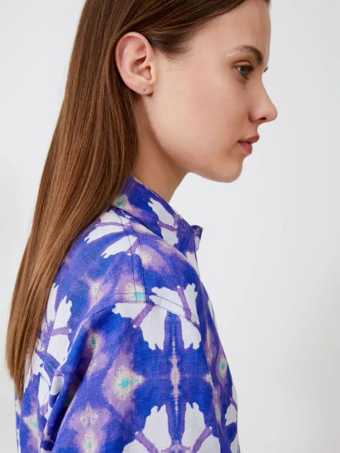 Woman French Connection Tops Dory Birdie Linen Short Sleeve Shirt Royal Blue