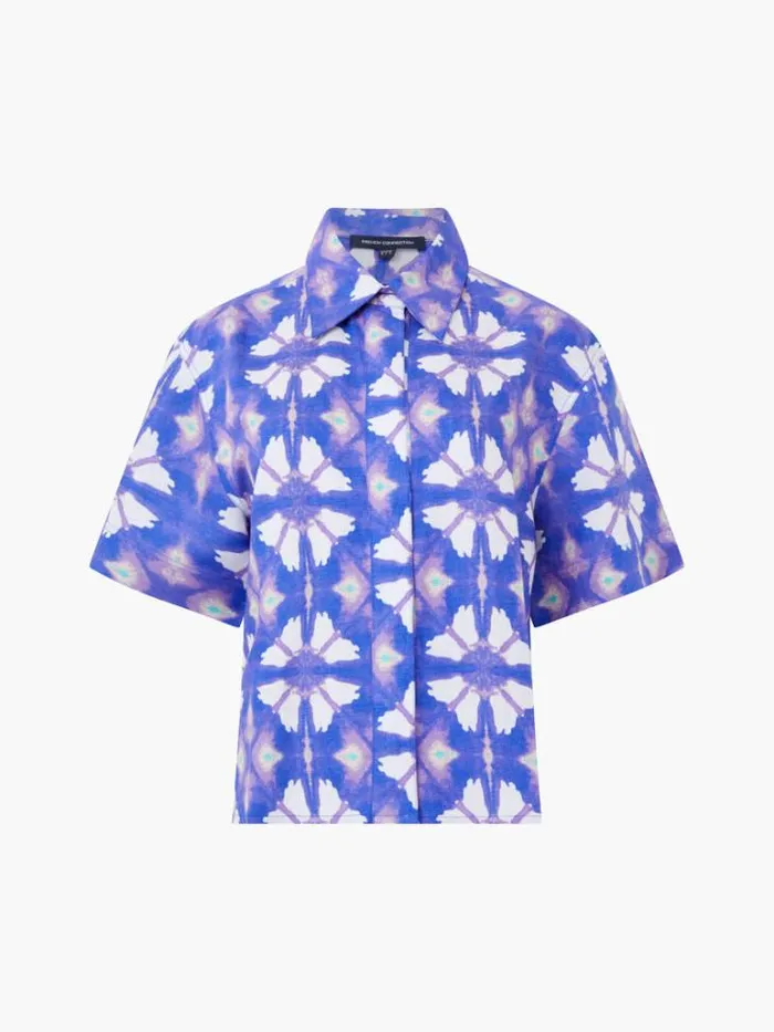 Woman French Connection Tops Dory Birdie Linen Short Sleeve Shirt Royal Blue