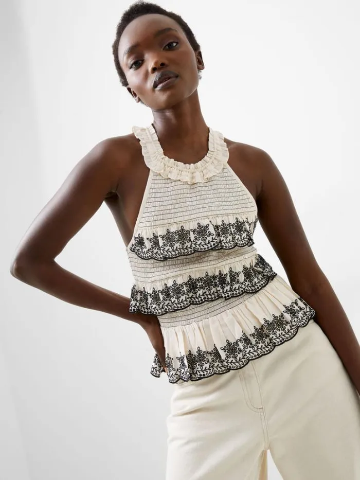 Woman French Connection Tops Embroidered Felicity Halterneck Top Classic Creamblack