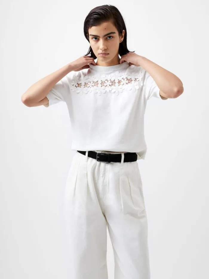 Woman French Connection Tops Jilly Cobalo Lace Short Sleeve Top Linen White