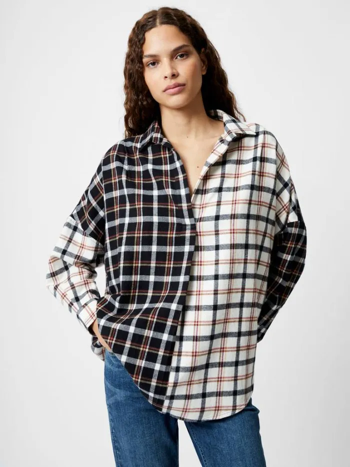 Woman French Connection Tops Mixed Flannel Check Popover Shirt Blackwinter White