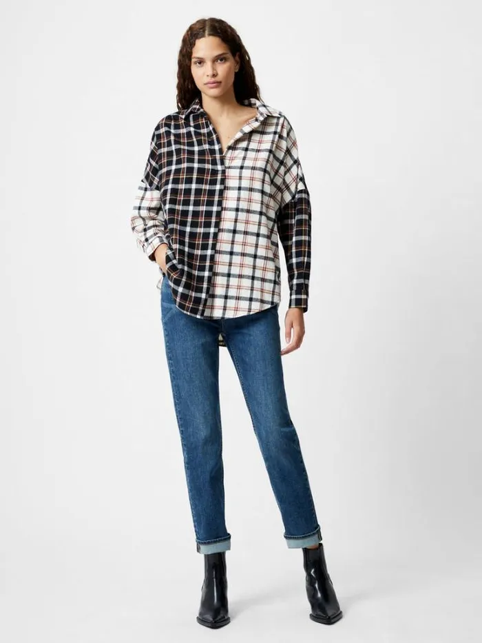 Woman French Connection Tops Mixed Flannel Check Popover Shirt Blackwinter White