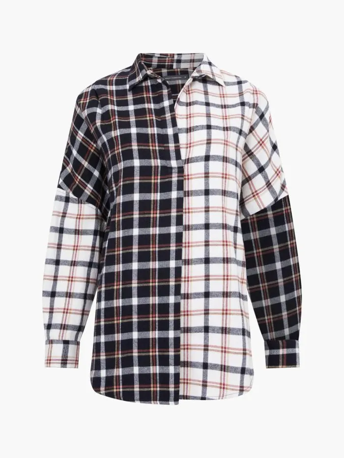 Woman French Connection Tops Mixed Flannel Check Popover Shirt Blackwinter White