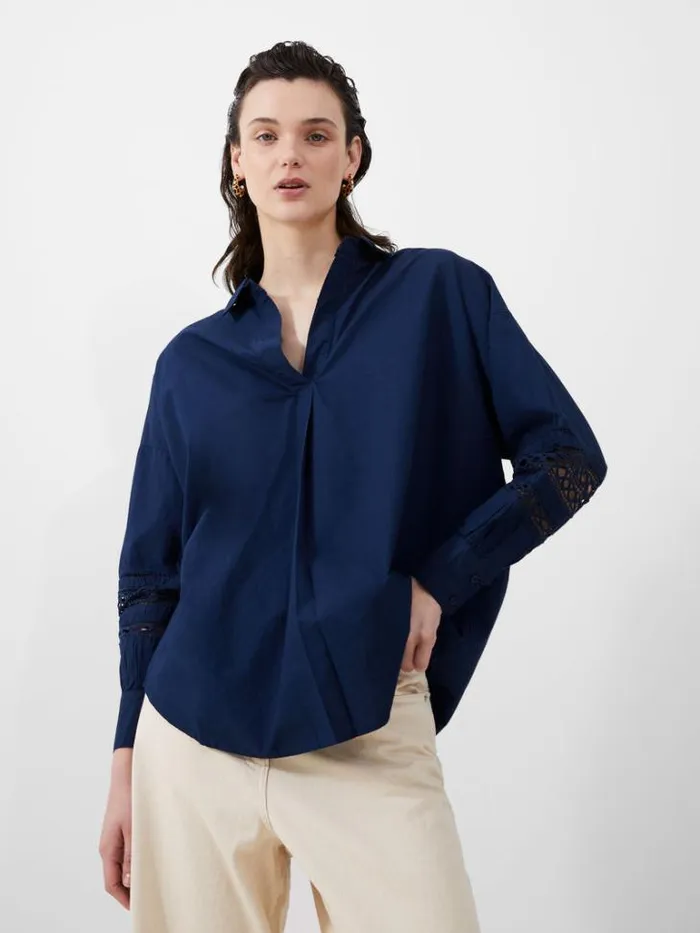 Woman French Connection Tops Rhodes Embroidered Long Sleeve Popover Shirt Midnight Blue