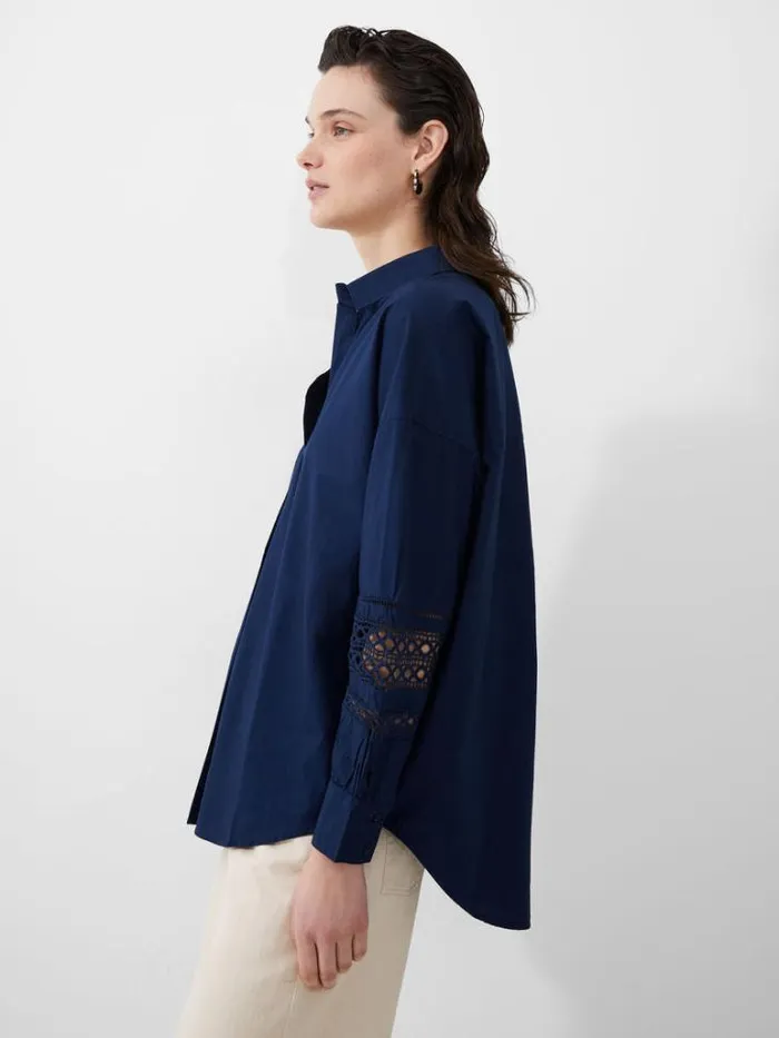 Woman French Connection Tops Rhodes Embroidered Long Sleeve Popover Shirt Midnight Blue