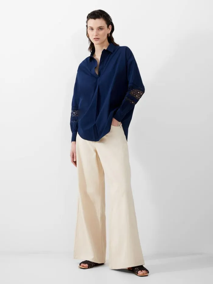 Woman French Connection Tops Rhodes Embroidered Long Sleeve Popover Shirt Midnight Blue