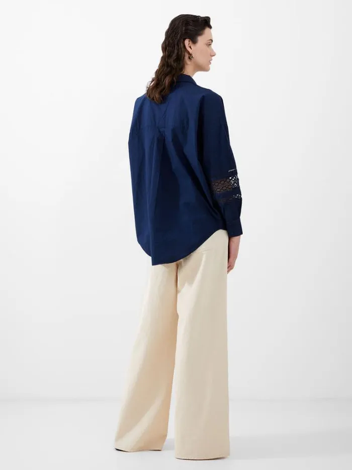 Woman French Connection Tops Rhodes Embroidered Long Sleeve Popover Shirt Midnight Blue